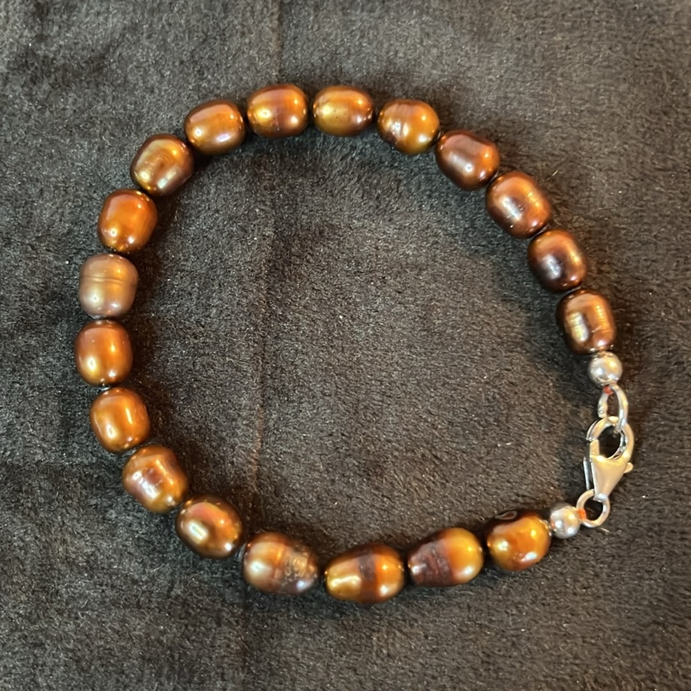 NWT Golden Brown Freshwater Pearl Bracelet 925 Silver Lobster Clasp. 7.25”